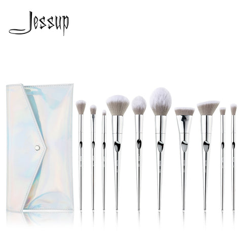 Jessup brush 10pcs Fantasy Silver Makeup brushes brushes beauty Powder brush Cosmetic bag women blush Foundation Synthetic hair